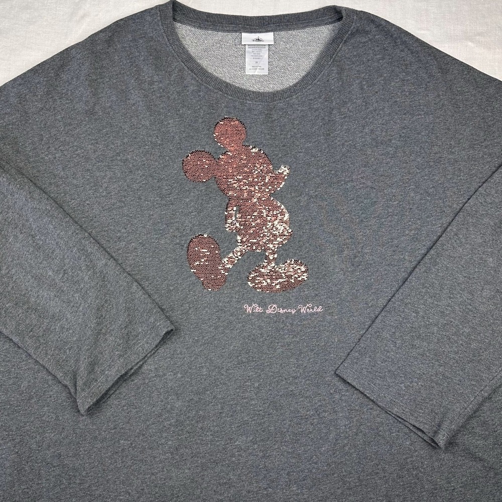 Disney Parks Walt Disney World Shirt Women 3X Gray Sequin Mickey Mouse Pullover